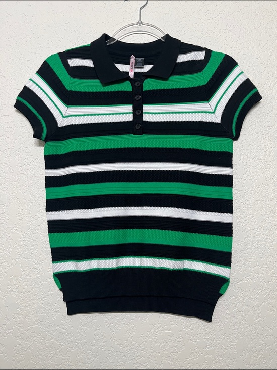 Love By Design Tops - Love By Design Women’s Size Medium Knitted Green, Black & White Striped Polo Top